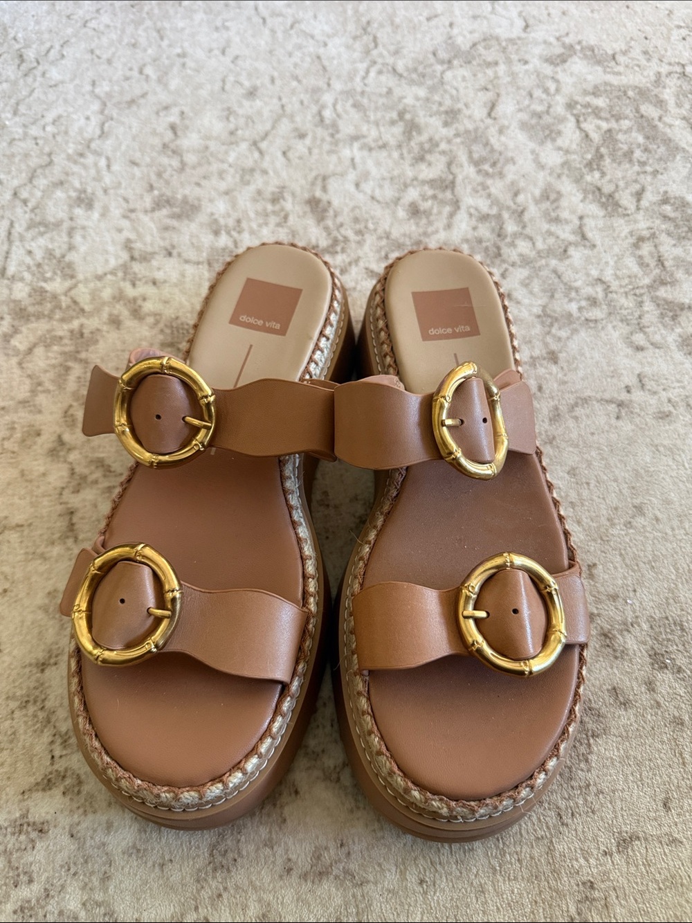 Dolce Vita Tan Leather Double Buckle Platform Mules